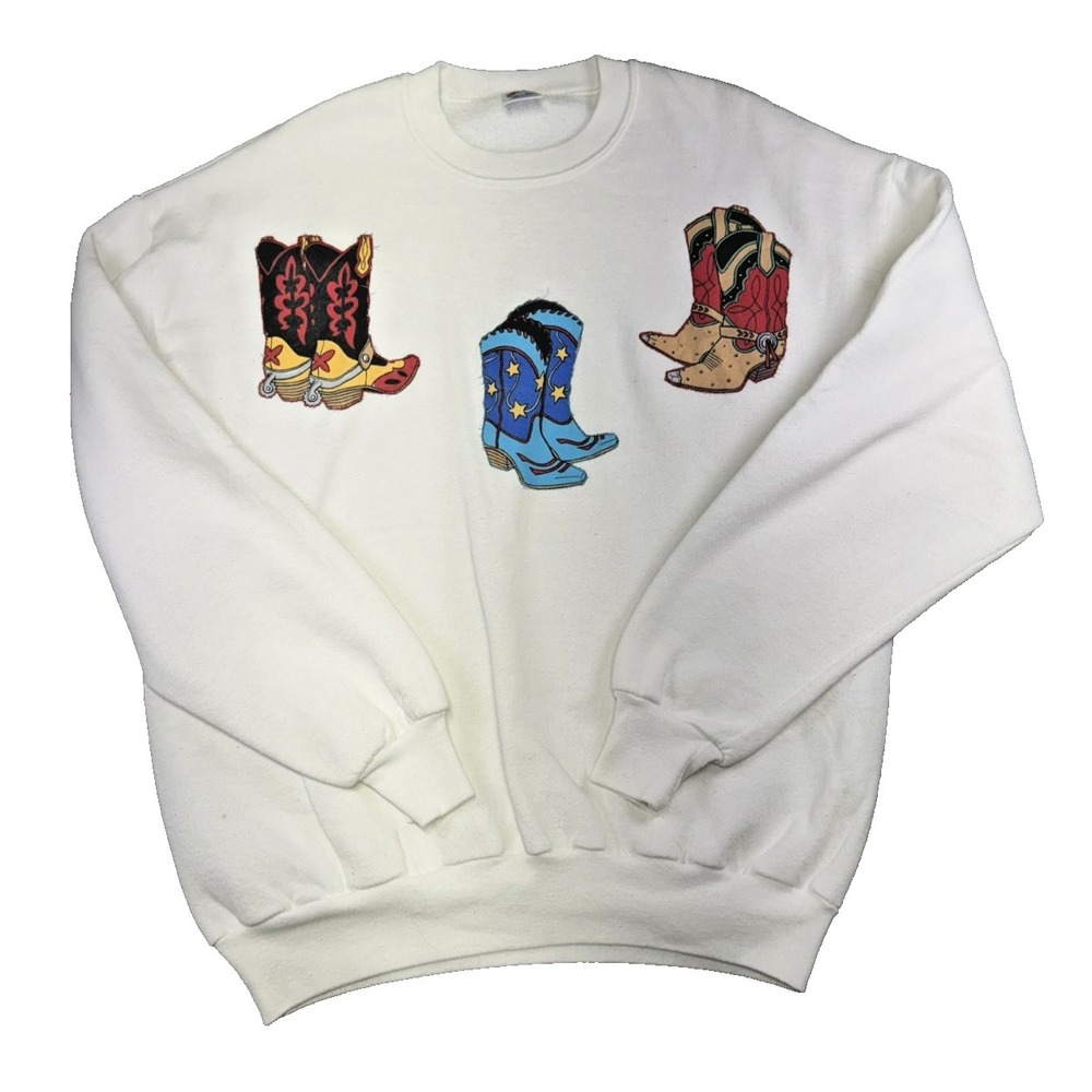 Vintage Women's Jerzee Tag White Sweater Cowboy Boots Western Wear Size XL